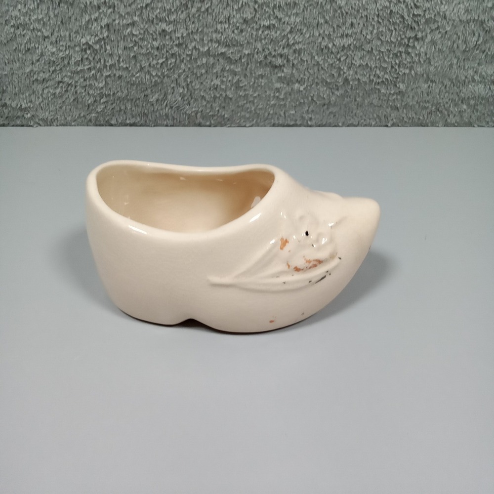 Vintage Ceramic Dutch Clog Planter Trinket Dish Cream Floral Embossed Shoe